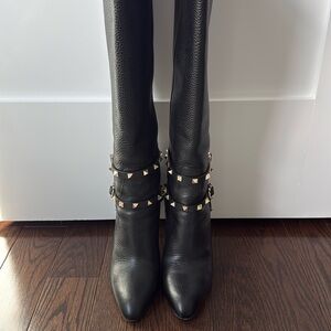 Valentino Garavani Black Heeled Boots with Gold Studs